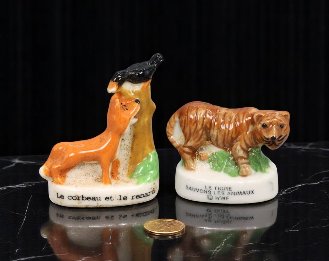 FRENCH: Feve - WWF Tiger & 'Le Corbeau et le Renard', Animal Miniatures in Glazed Porcelain, 2-3 cm (1 of 2)