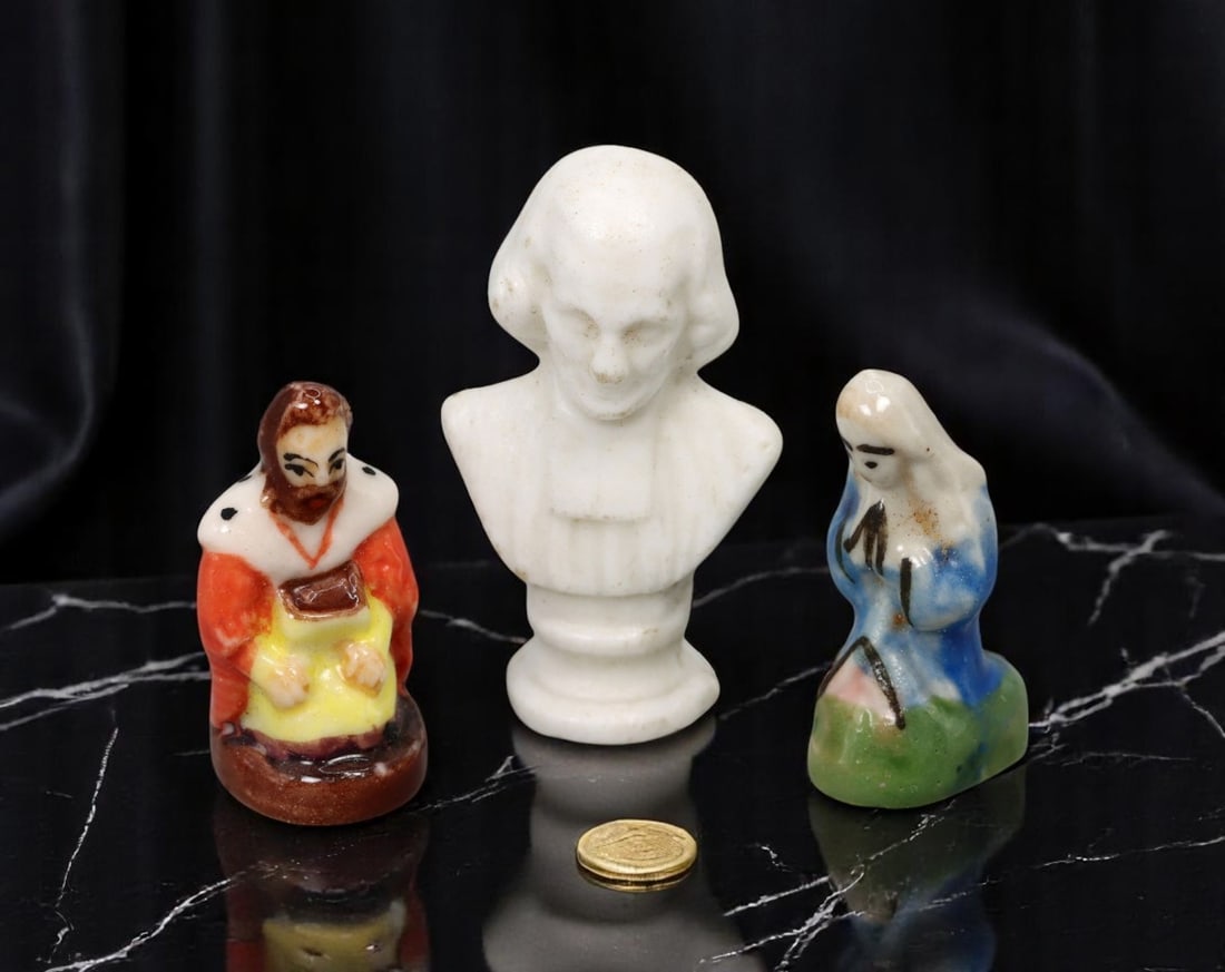 FRENCH: Feve Trio - Religious, Regal & Bust Form, Glazed and Unglazed Porcelain (3 pcs, 3-4 cm) (1 of 2)