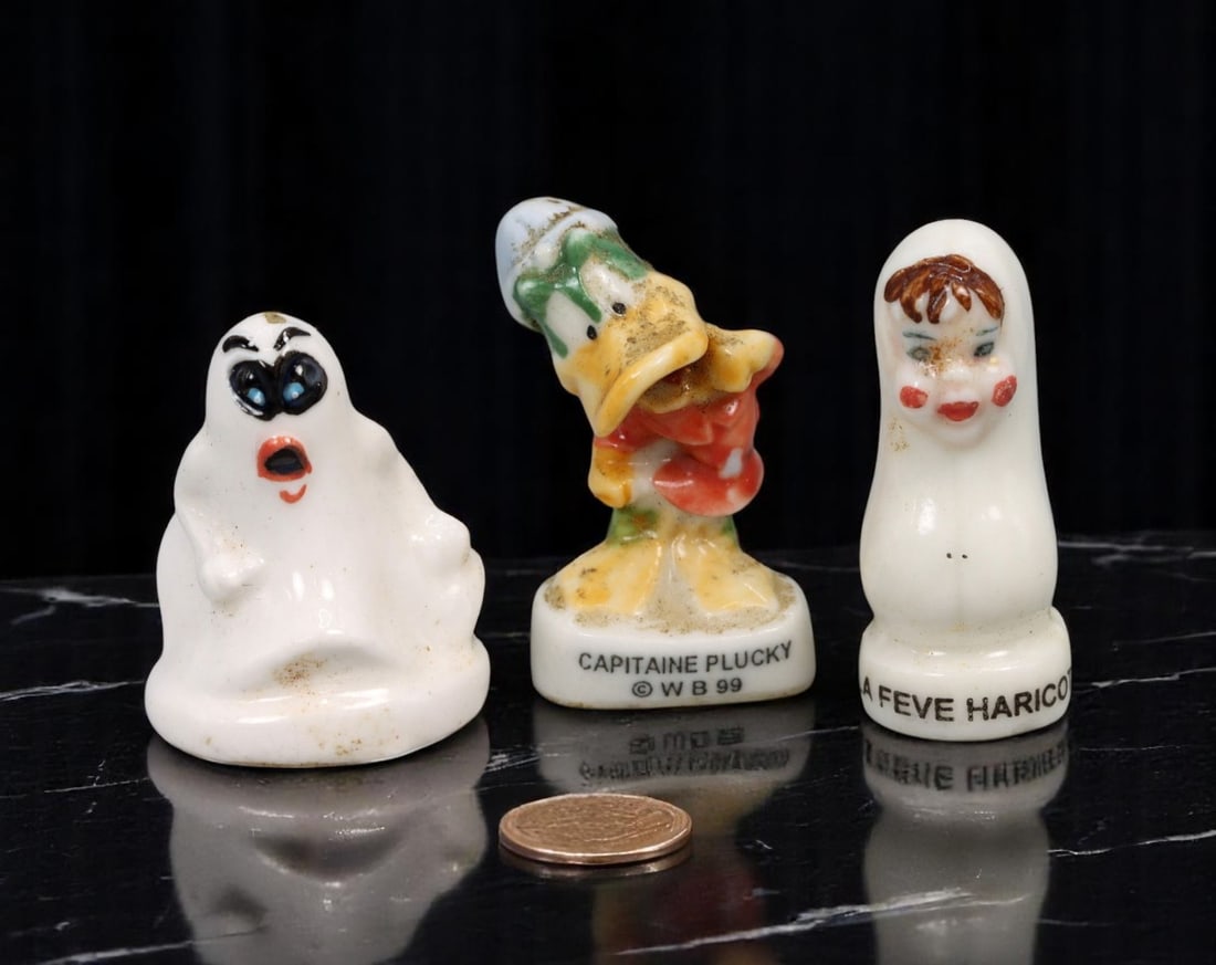 FRENCH: Feve Trio - Comic, Ghost & Figurative Forms, Glazed Porcelain (3 pcs, 2.5-3 cm) (1 of 2)