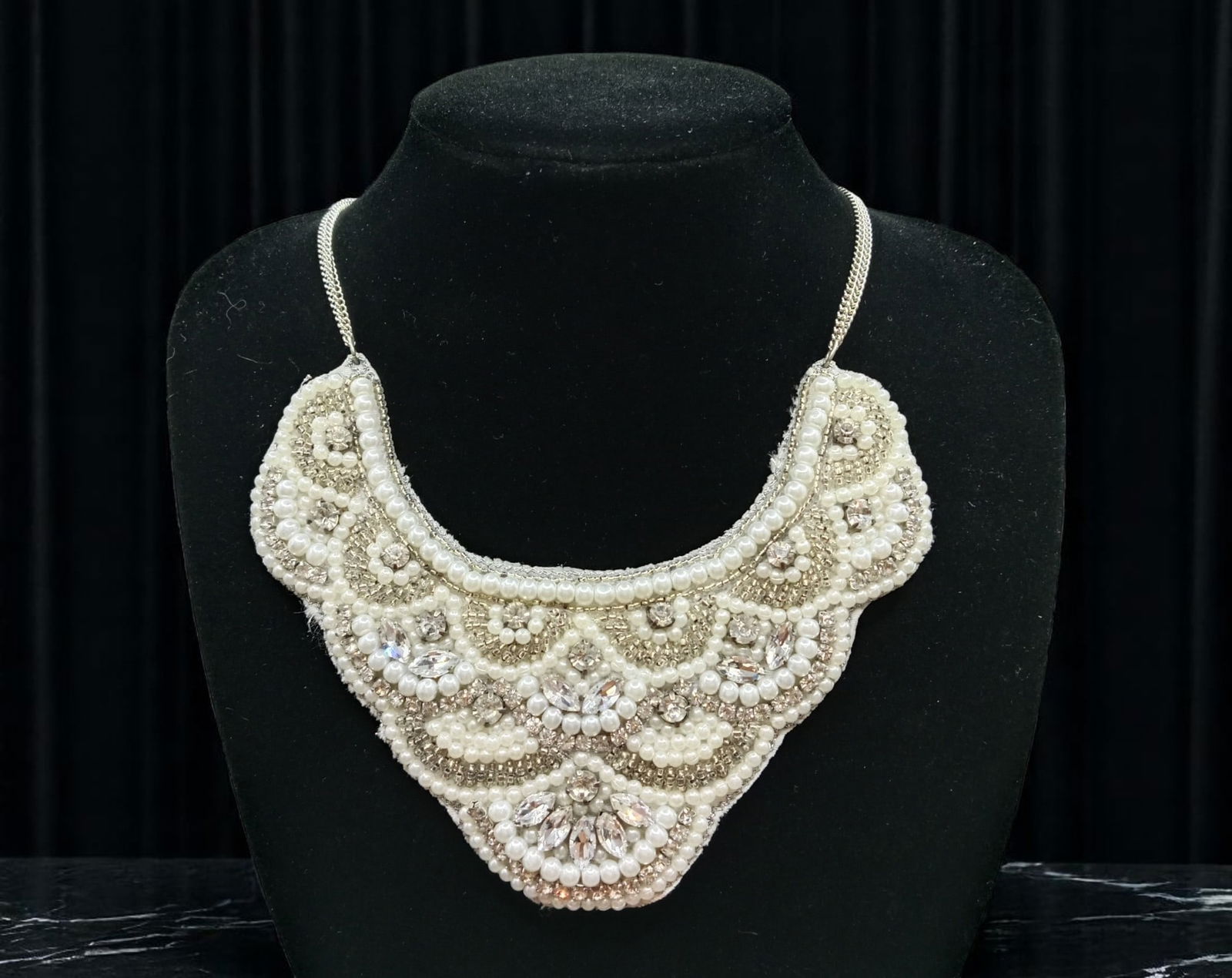 MODERN ROMANTIC: Beaded Bib Necklace - Pearl-Like Embroidery, Clear Gems & Scallop Motif (44 cm) (1 of 3)