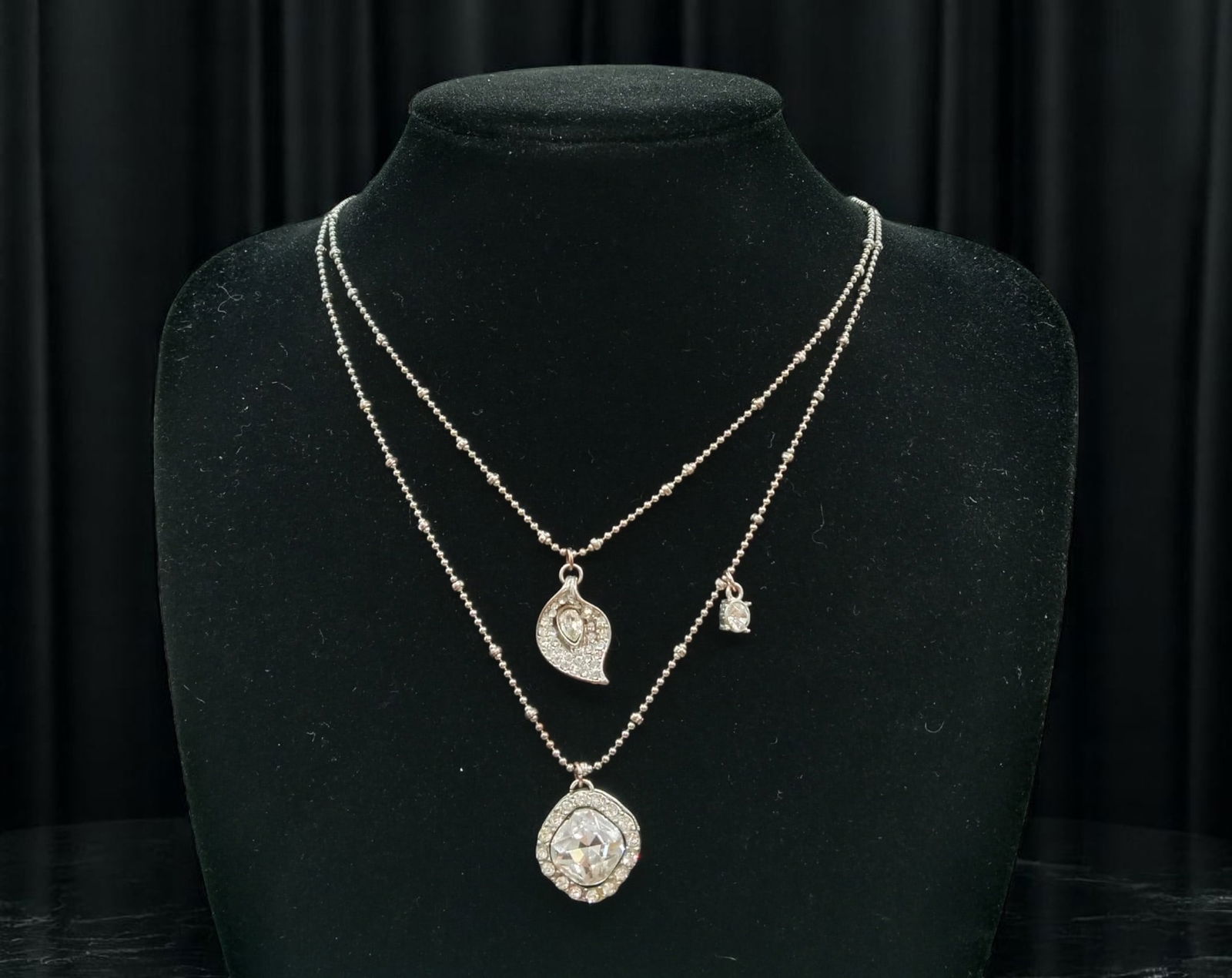 Double Layer Necklace - Clear Stones, Teardrop & Crystal Motifs, Silvertone Beaded Chains (54 cm) (1 of 3)
