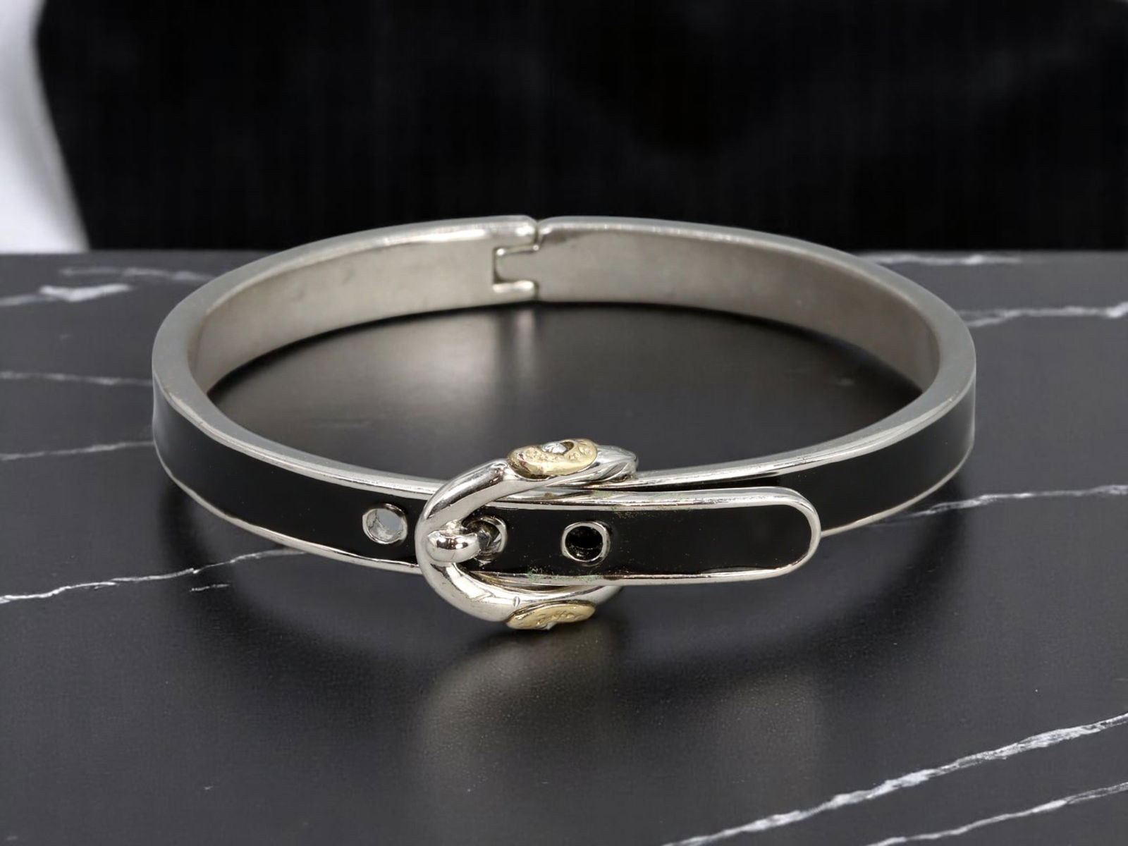 MODERN ROMANTIC: Hinged Bangle - Black Enamel Buckle Motif with Clear & Jet-Like Accents, 6.5cm, 26g (1 of 2)