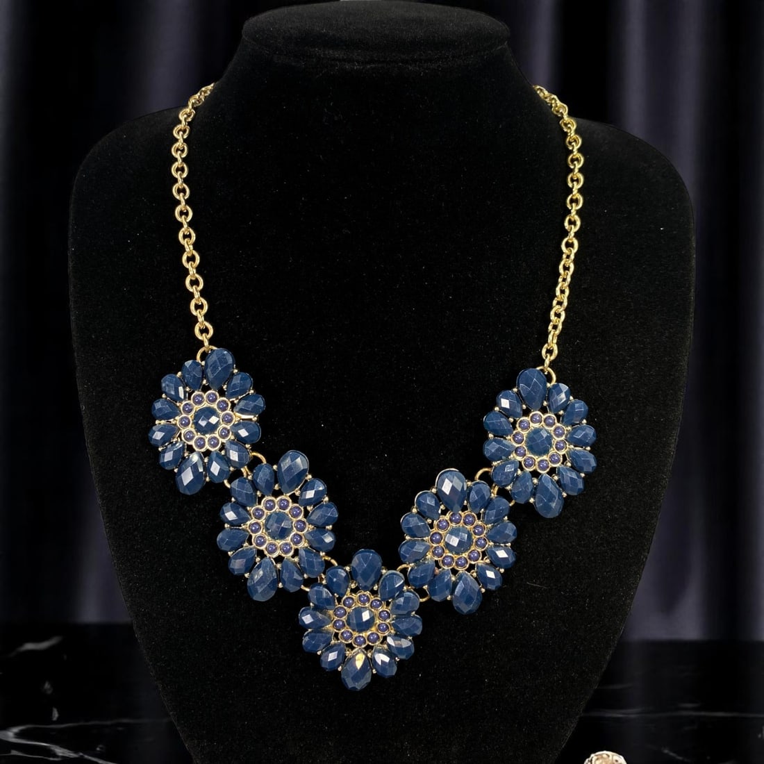 Statement Necklace - Faceted Navy Floral Clusters on Goldtone Chain, 48cm (1 of 2)