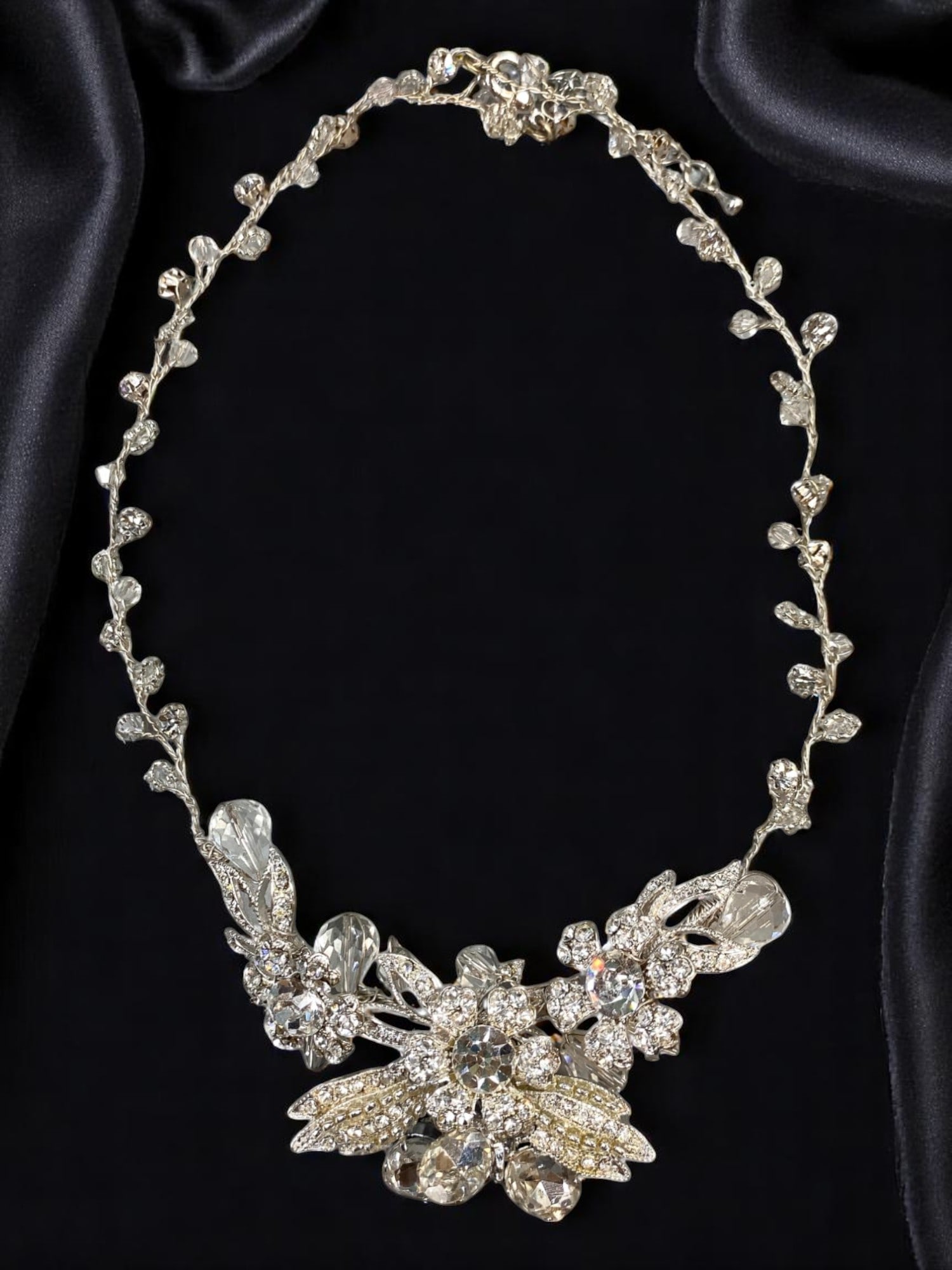Floral Vine Bib Necklace - Brilliant Clear Stones on Sculpted Silvertone, 38cm (1 of 2)