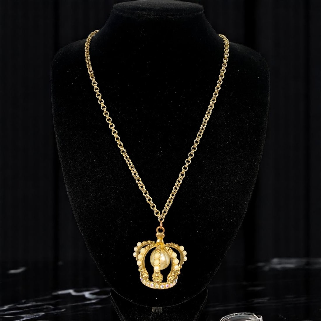 Crown Pendant Necklace - Regal Motif, Pearl-Like Center, 78cm (1 of 2)