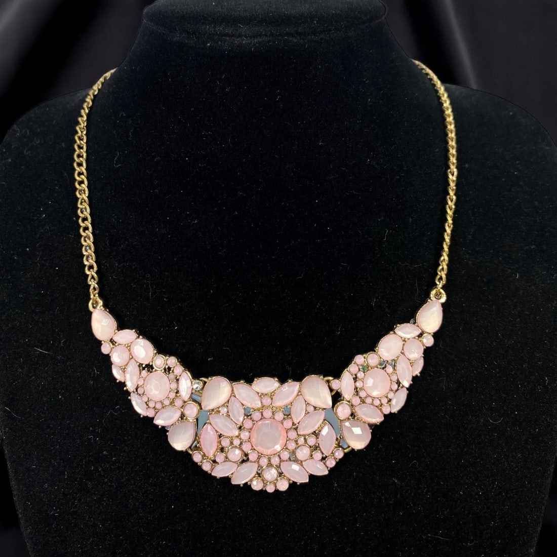 Statement Collar Necklace - Blush Pink Navette Cluster on Goldtone Chain, 42cm (1 of 2)