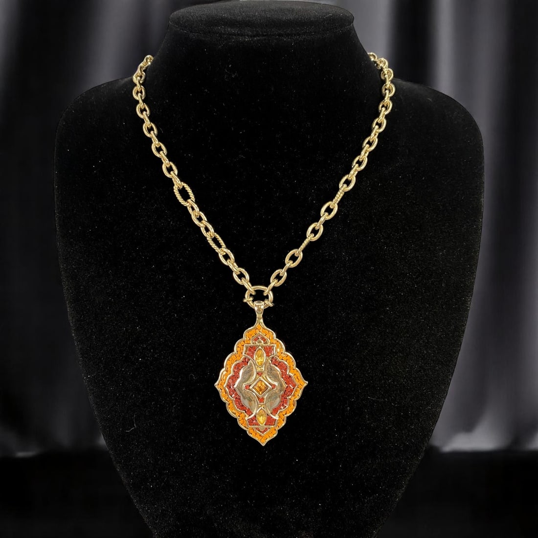 Enamel Medallion Necklace - Ornate Shield Form, Sunset Tones, 46cm (1 of 2)