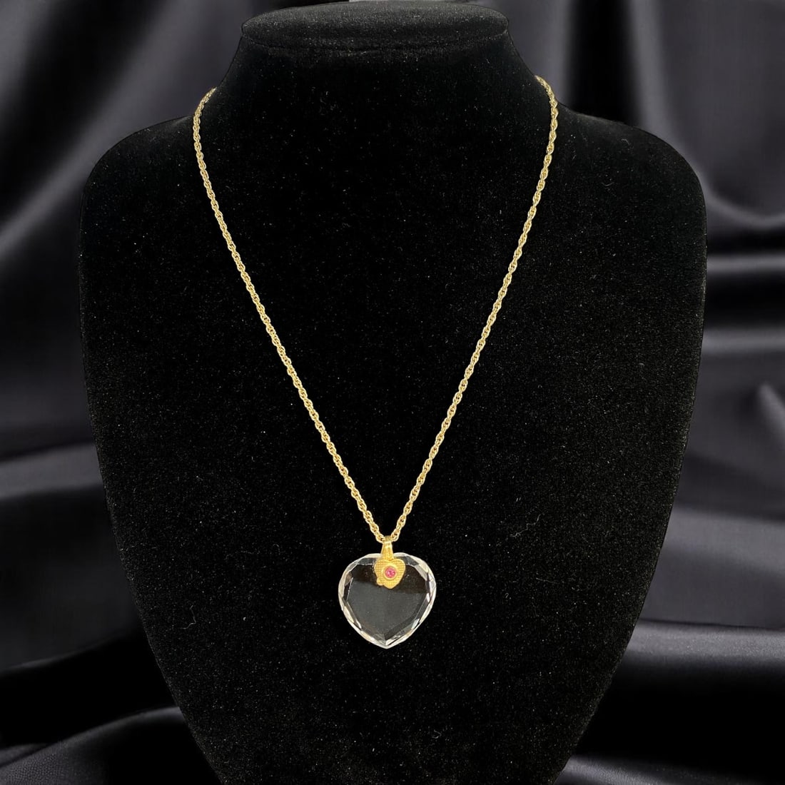 Heart Pendant Necklace - Clear Faceted Drop, Pink Accent, 44cm: From a romantic estate collection, this delicate goldtone necklace features a faceted clear heart pendant with a small pink accent stone nestled at the bail. The soft sparkle of the crystal-like drop 