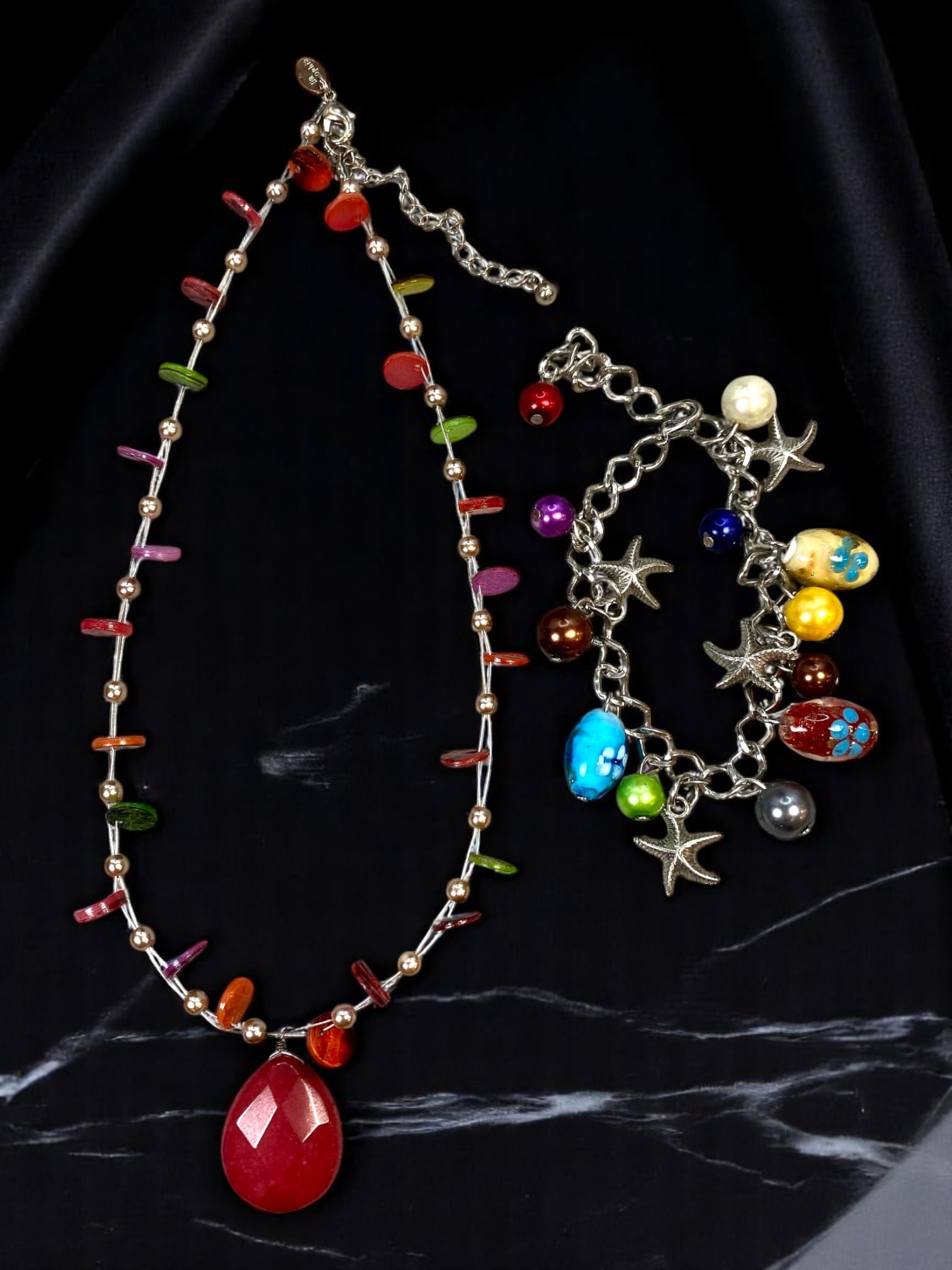 Necklace & Bracelet Set - Color Gem-Inspired Beads with Charms & Drop Pendant, 46cm, 22cm (1 of 2)