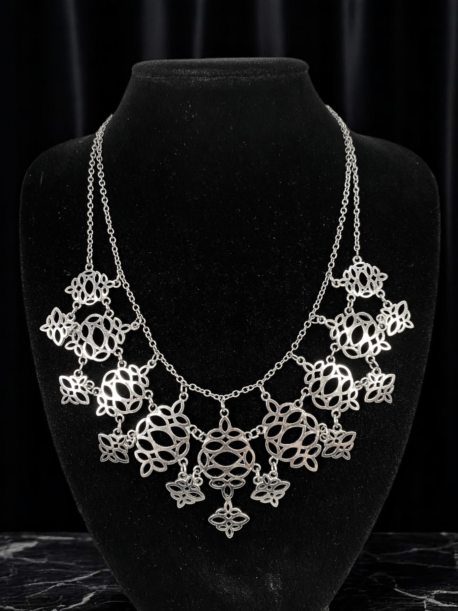 Statement Bib Necklace - Sculptural Openwork Floral Motifs in Silvertone, 54cm (1 of 2)