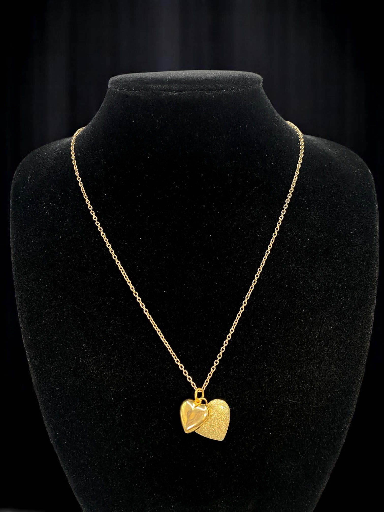 Pendant Necklace - Twin Heart Charms on Goldtone Textured Chain, 47cm (1 of 2)