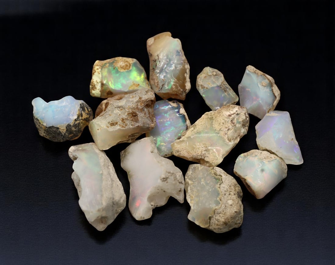 GEM LOT: Ethiopian Welo Opal Rough - Iridescent Play-of-Color in Matrix, Mixed Forms (12g): An estate-sourced parcel of natural Ethiopian Welo Opal rough, totaling 11 grams, this lot features raw, matrix-hosted specimens with vibrant play-of-color across milky, translucent, and honey-toned b