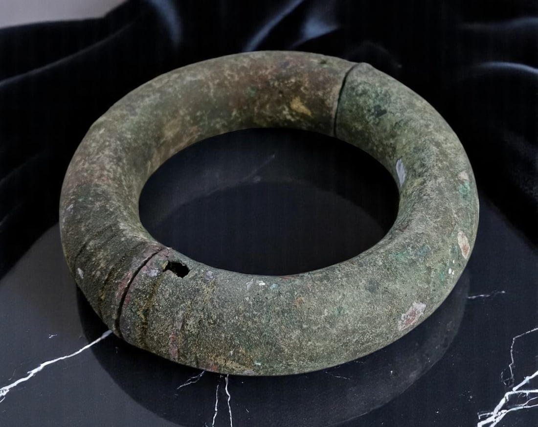 ANTIQUE: Ancient Bronze Bracelet - Hinged Open-Form with Drilled Terminals, Ritual Wear, 10.5cm, (1 of 2)