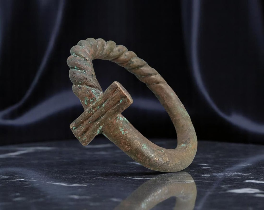 ANTIQUE: Ancient Bronze Bracelet - Twisted Rope Form with Crossbar Finial, 8.5cm, 181g (1 of 3)