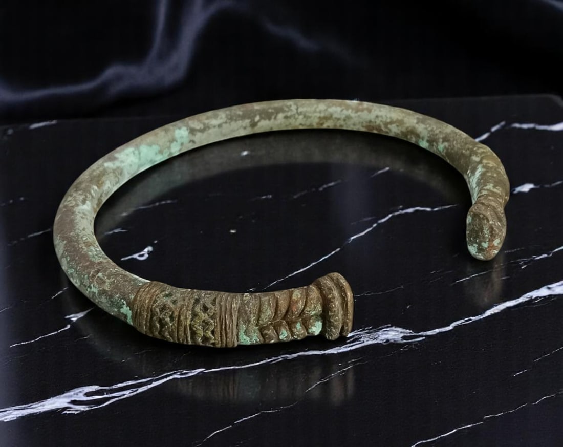 ANTIQUE: Ancient Bronze Bracelet - Tapered Form with Ornamental Terminal Bands, 12cm, 178g (1 of 3)