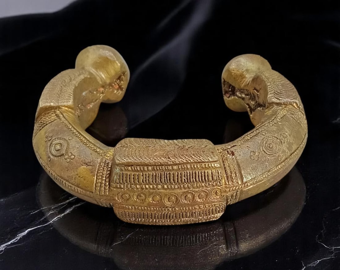 ANTIQUE: Tribal Segment Cuff - Spiral & Dot Motif Bands, Raised Symbol Panels (7.5cm, 255g): This substantial antique cuff exemplifies the visual language of tribal metalwork, composed of five raised rectangular panels etched with rows of concentric dots, striations, and spiral-punch forms. T