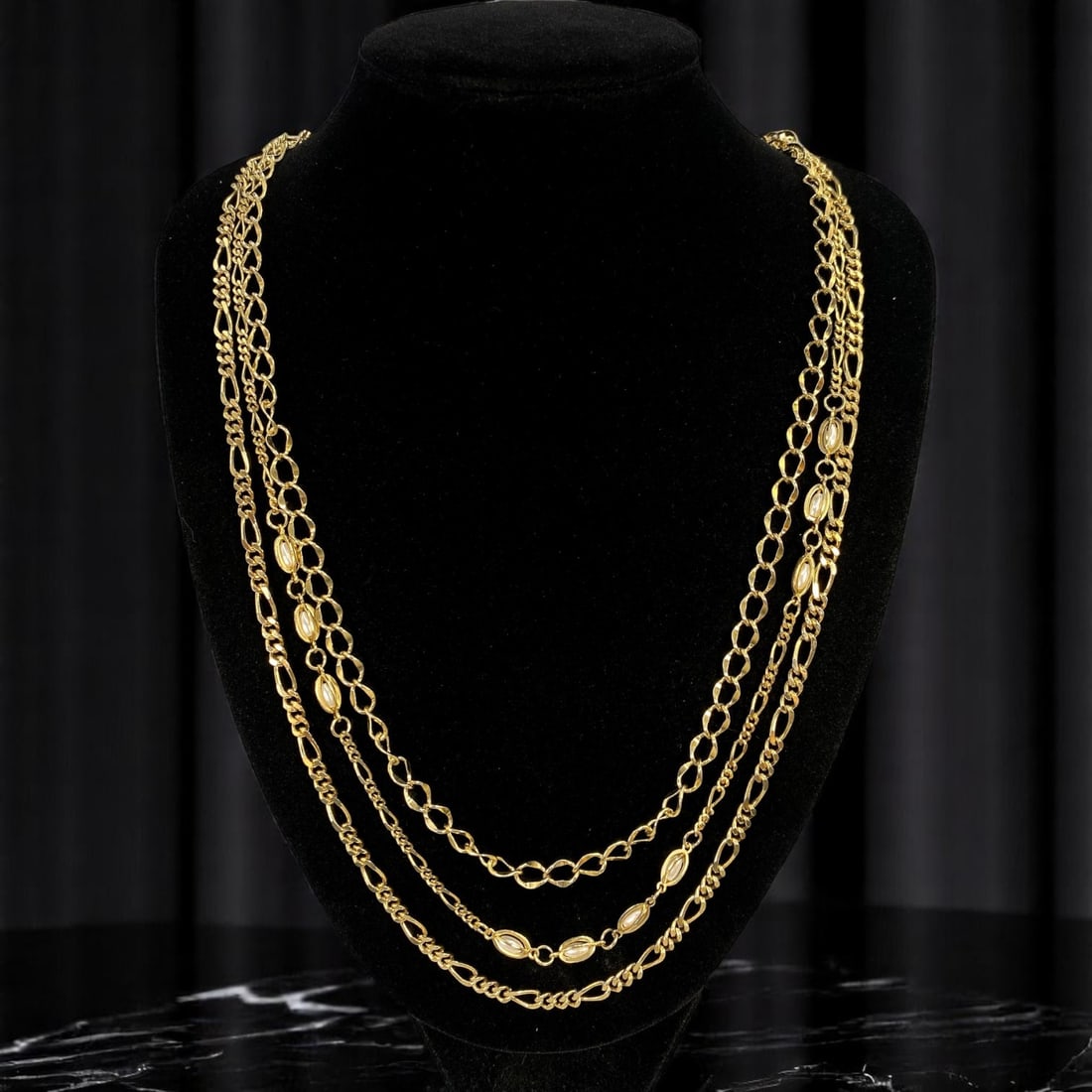 Necklace - Multi-Strand Goldtone Chains with Textured Oval Links, 70cm (1 of 2)