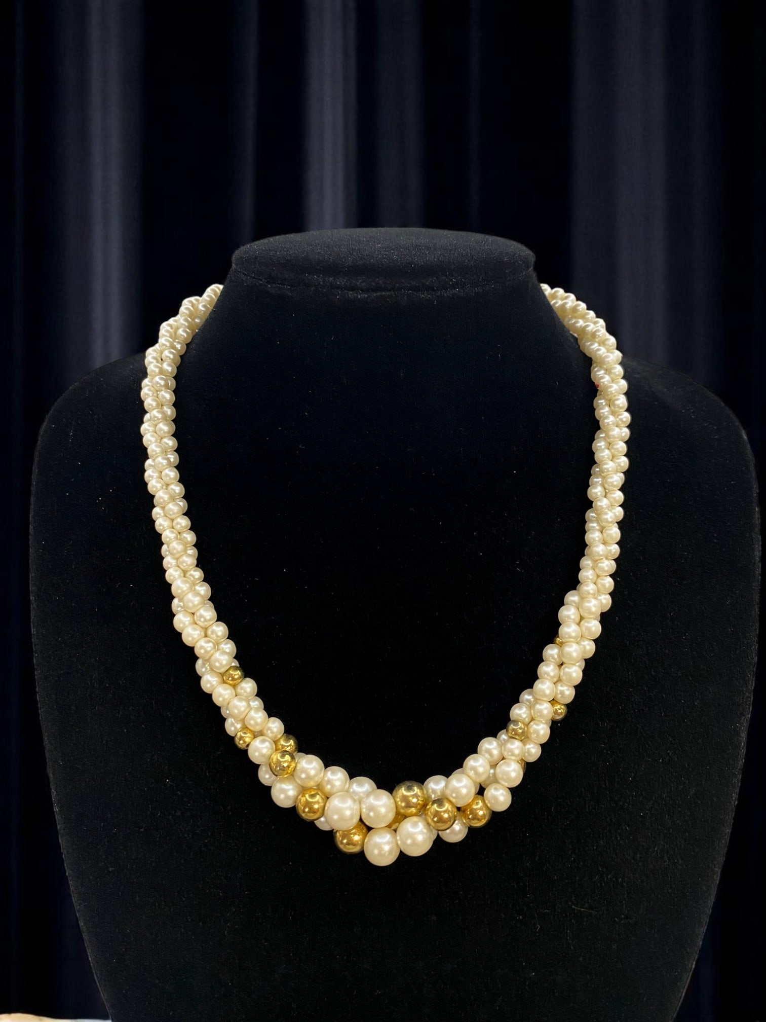 Napier Necklace - Double Strand Pearl-Like & Goldtone Beads, 50cm: An exquisite vintage example by iconic American maker Napier, this double-strand necklace combines soft pearl-like beads with contrasting polished goldtone beads in an artful twist design. The strands