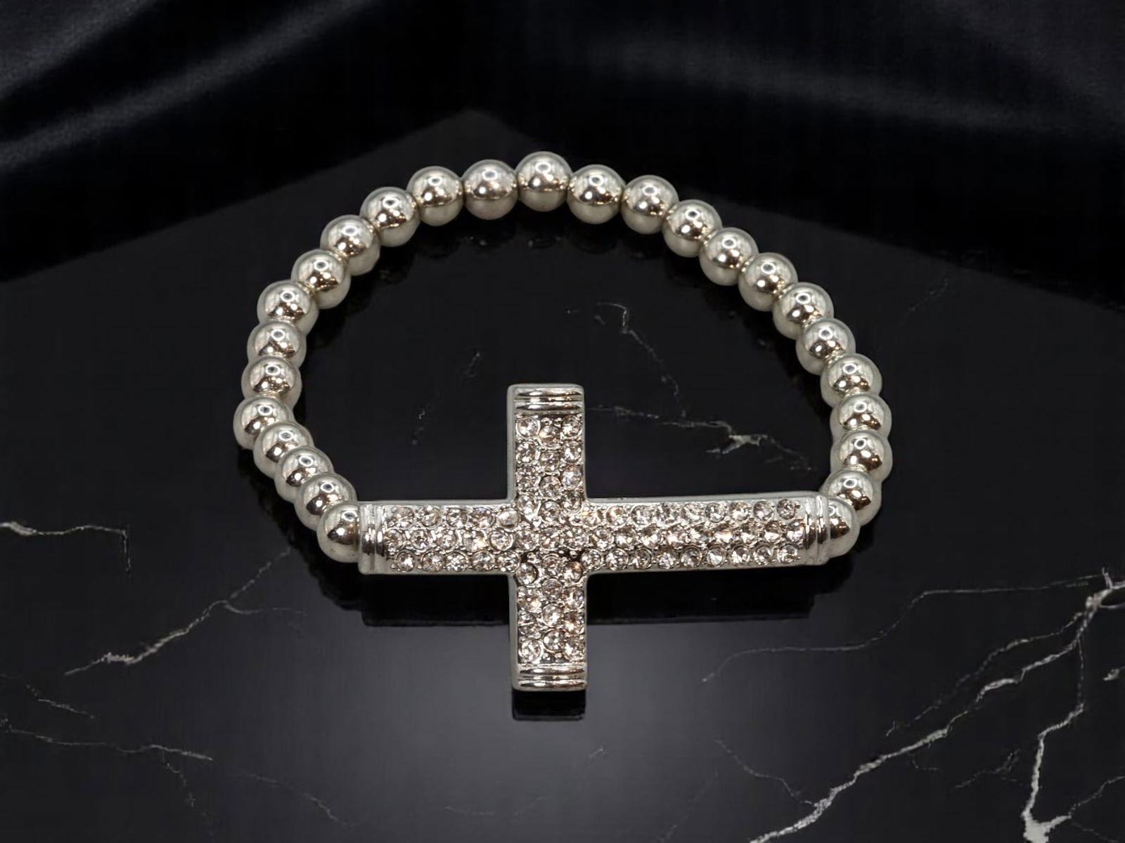 BOLD STATEMENT ERA ESTATE: Bracelet - Silvertone Beads, Pave Cross Centerpiece, Stretch Fit (1 of 2)