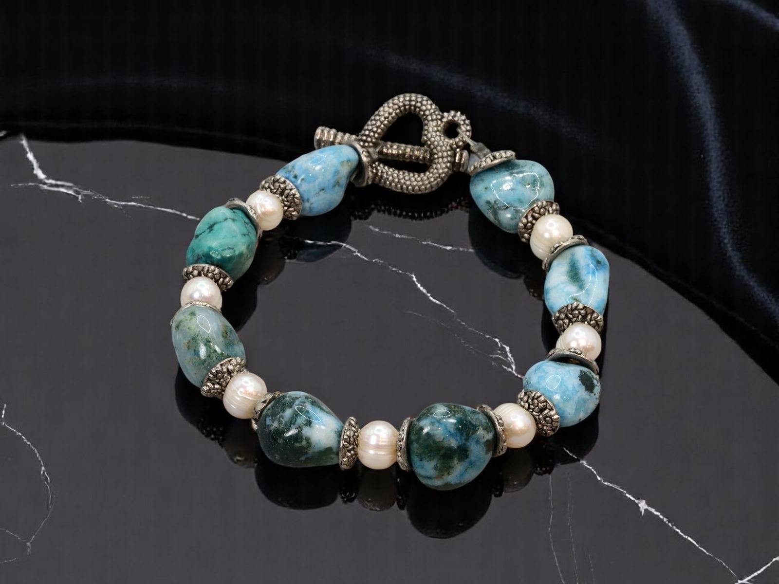 Bracelet - Turquoise-Like Stones, Pearl-Like Beads, Silvertone Accents 21cm (1 of 2)
