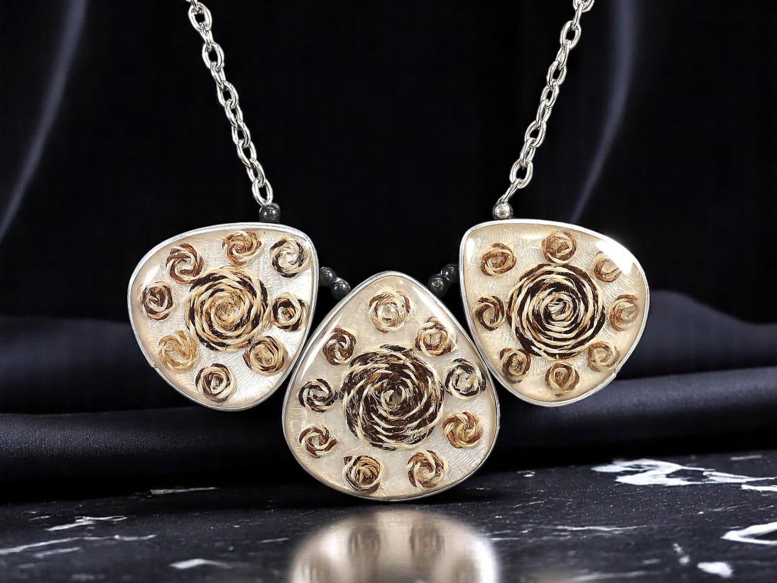 Necklace - Trio of Textured Abstract Panels, Silvertone Chain 50cm (1 of 2)