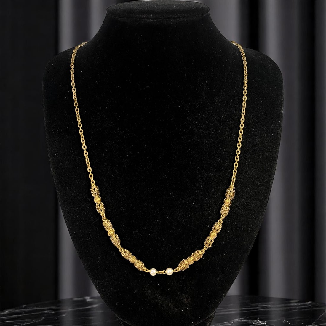 Filigree Necklace - Ornate Goldtone Links, Delicate Pearl-Like Accents 60cm: From an estate jewelry collection, this vintage necklace captures the elegance of finely detailed craftsmanship. The design features a series of ornate filigree goldtone links, accented by small pearl