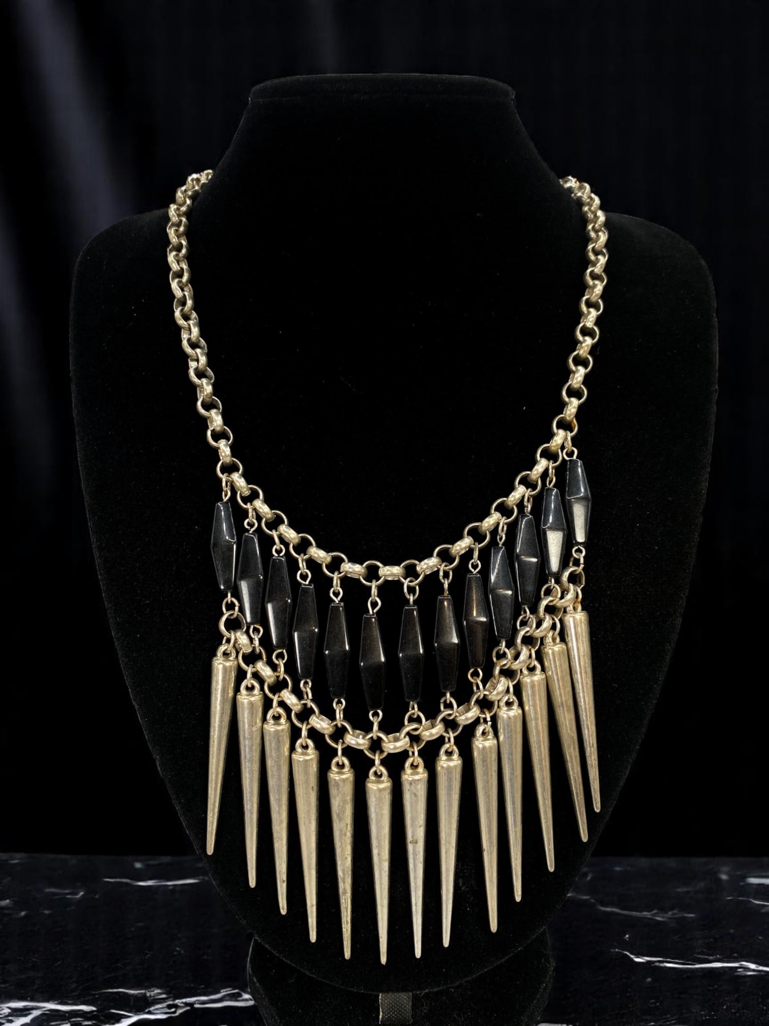 ESTATE: Necklace - Double Row Black Beads & Goldtone Spike Fringe 56cm (1 of 2)
