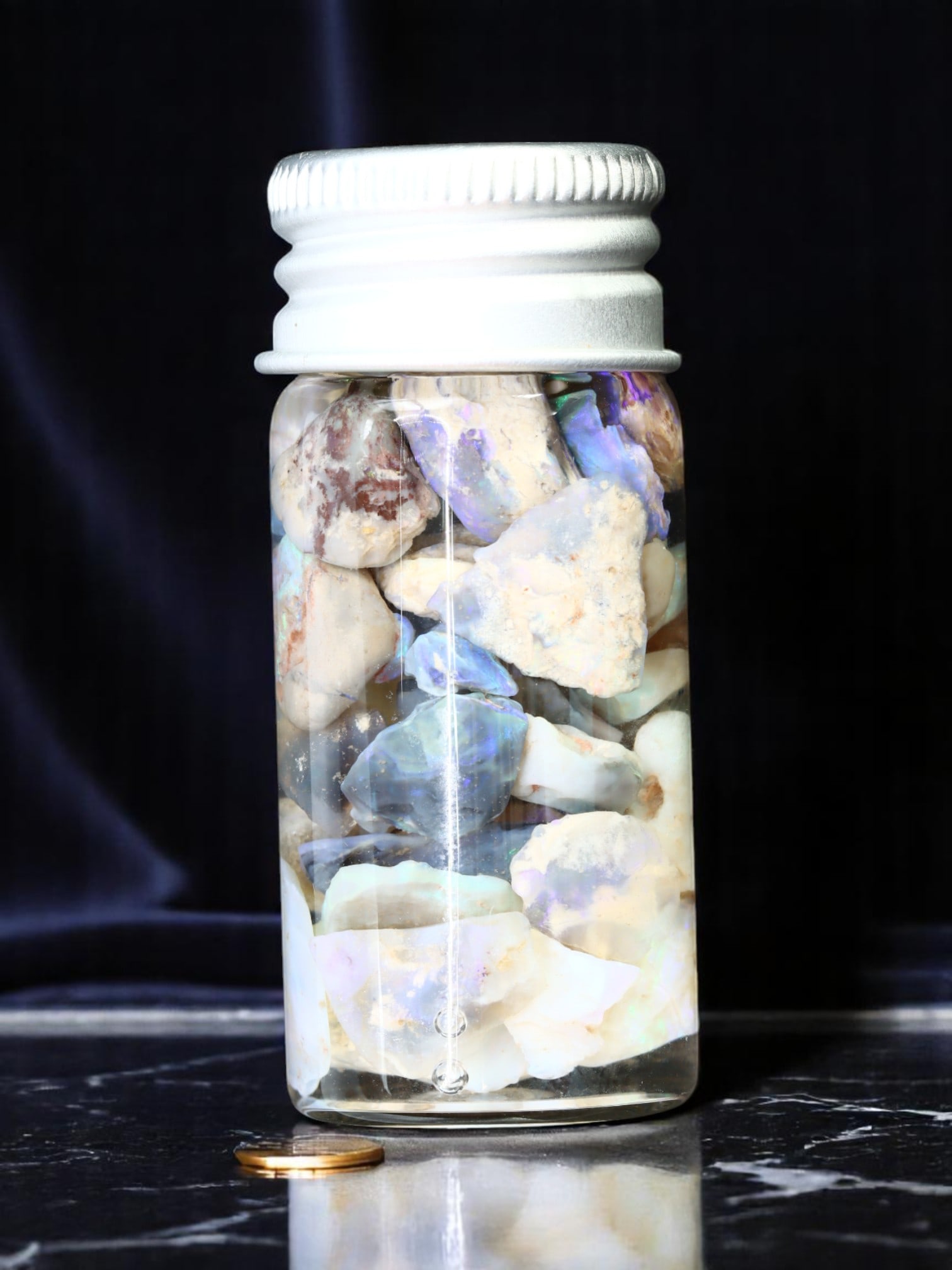 Specimen Jar - Lightning Ridge Black Opal Rough, Iridescent Matrix Fragments (5 x 2 cm) (1 of 2)