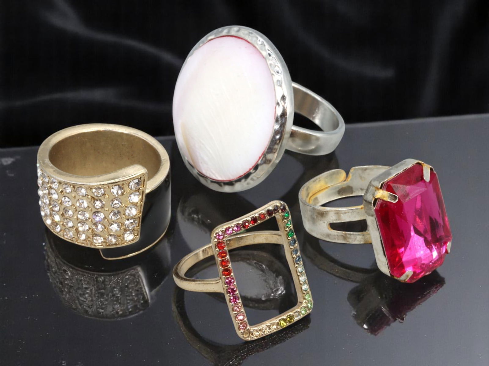 Estate Ring Lot - Bold Designs with Clear, Multicolor, and Ruby-Like Stones, 4 Pieces, US 7-8 (1 of 1)
