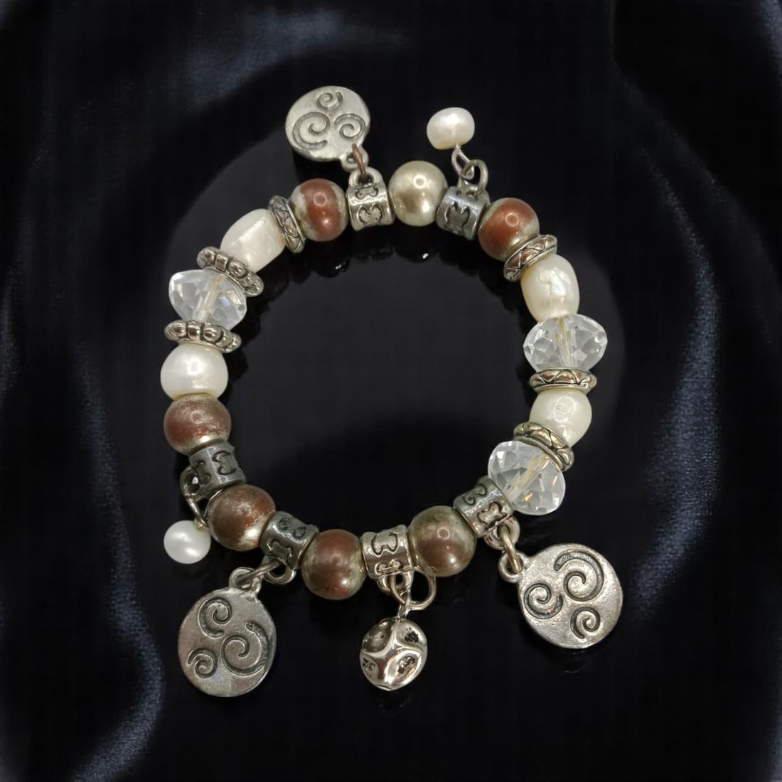 Estate Charm Bracelet - Mixed Beads with Swirl Medallions and Clear Accents, 23cm (1 of 1)