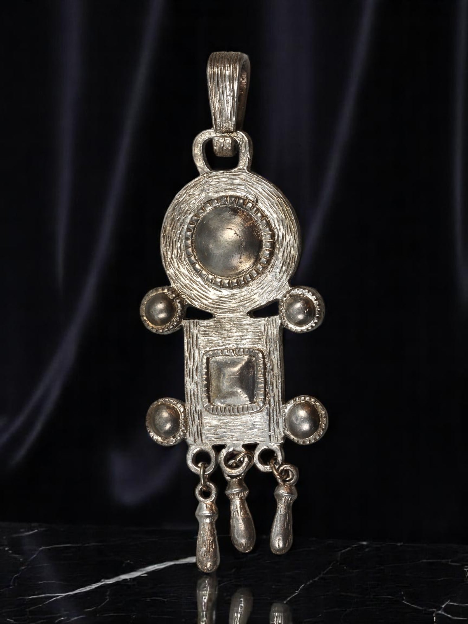 Estate Pendant - Sculptural Tribal-Inspired Silvertone Design with Dangles, 10x4cm (1 of 3)
