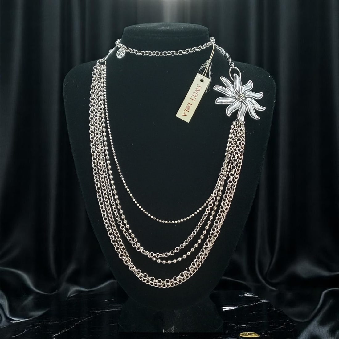 SWEET LOLA: Estate Multi-Strand Necklace - Silvertone Chains with Sculptural Floral Accent, 120cm (1 of 4)