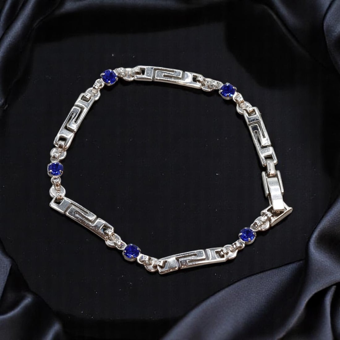 MODERN CLASSICS: Geometric Greek Key Silver-Tone Bracelet with Sapphire-Colored Accents, 17cm (1 of 1)