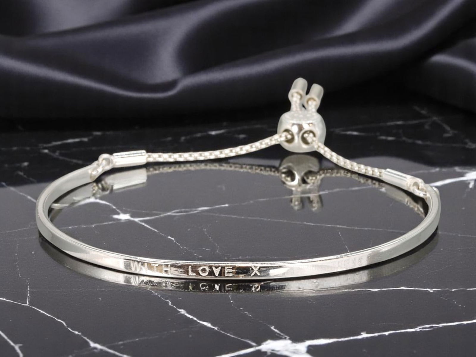 Adjustable Slider Bangle Bracelet - Silvertone Bar Engraved "WITH LOVE X" (17cm) (1 of 3)