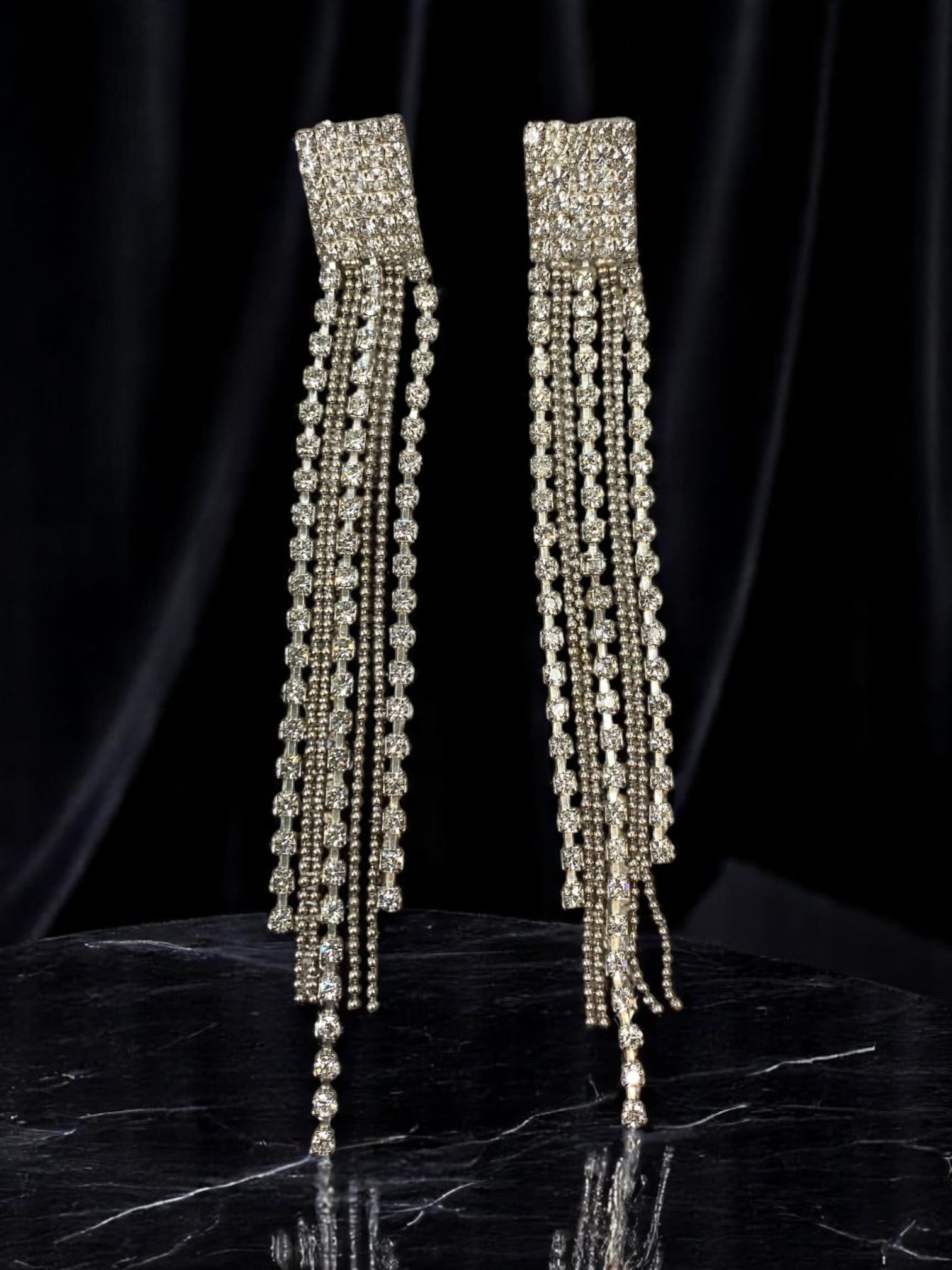 Glamour Cascade - Rhinestone Fringe Statement Stud Earrings, 11cm (1 of 2)