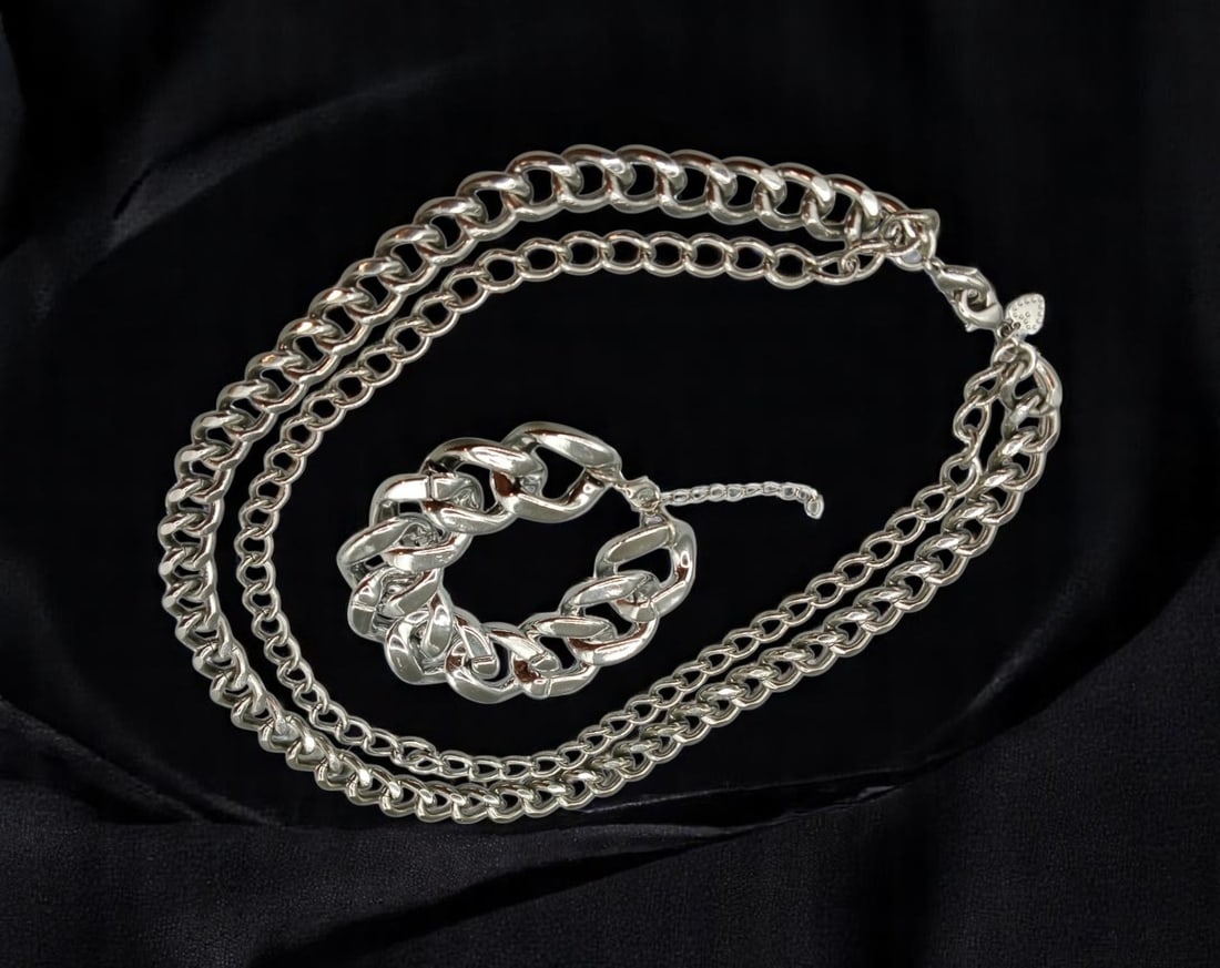 VINTAGE LATE 20TH CENTURY: Necklace & Bracelet Set - Chunky Silvertone Chain Links, Sculptural Forms (1 of 1)