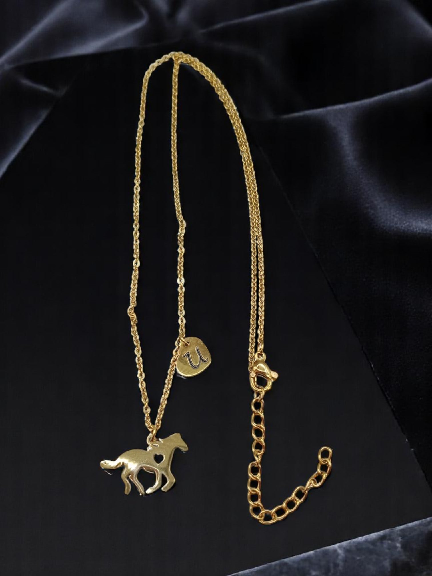 Necklace - Double Charm Pendant with Horse & "U" Disc, Goldtone Chain (45 cm) (1 of 2)