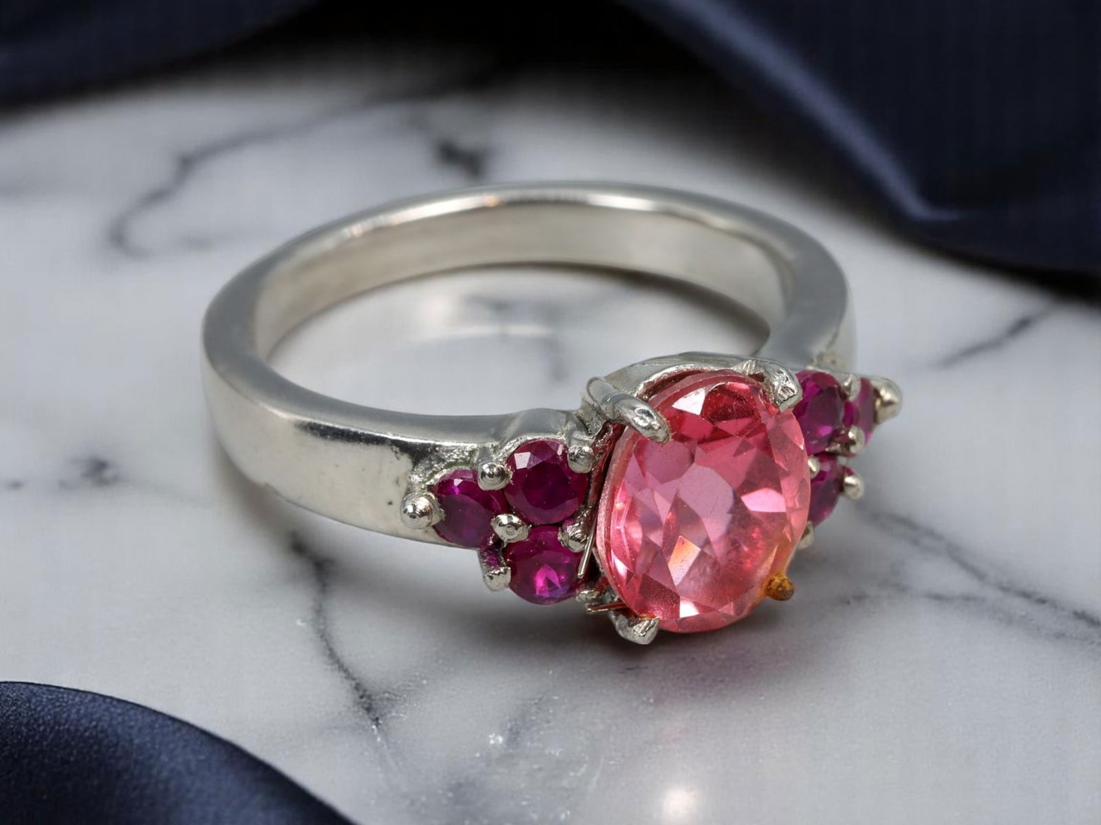 Statement Ring - Pink & Ruby-Like Gemstones, Stamped 316L SS, Silvertone (Size 10 US) (1 of 2)
