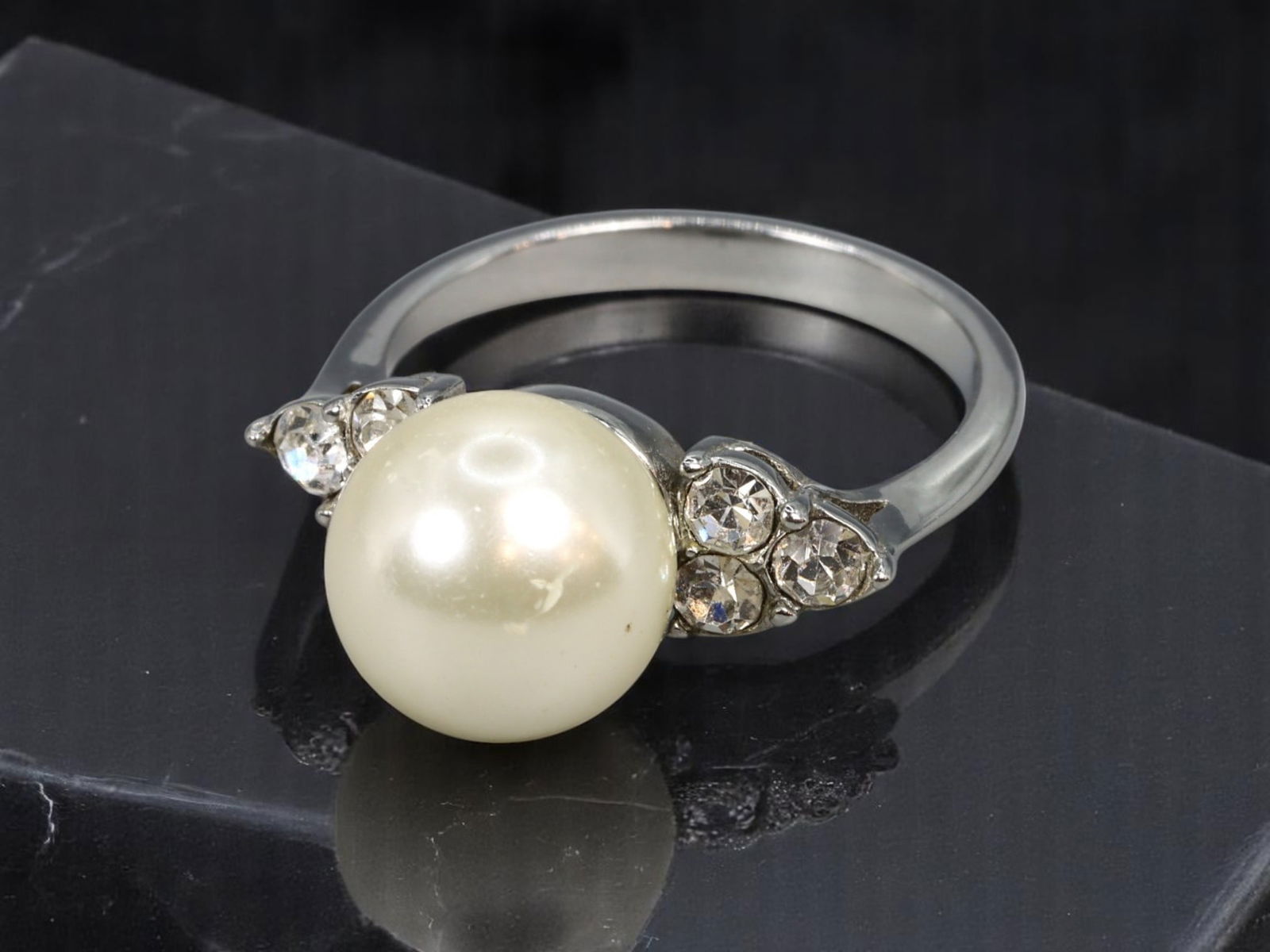 Statement Ring - Pearl-Like Center Bead with Clear Accent Stones, Stamped TK316, Silvertone, 7 US (1 of 2)
