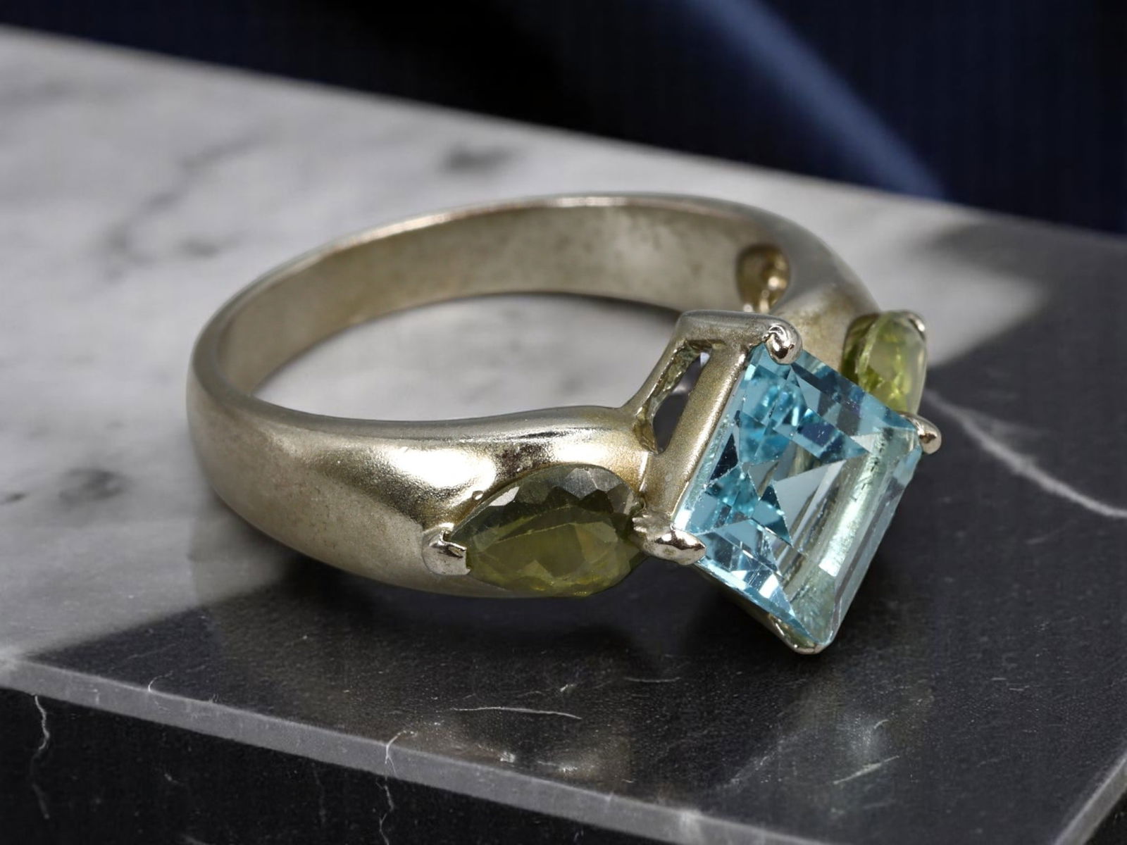 Three-Stone Ring - Blue & Green Gem-Like Stones, Silvertone Setting (Size 10 US) (1 of 2)