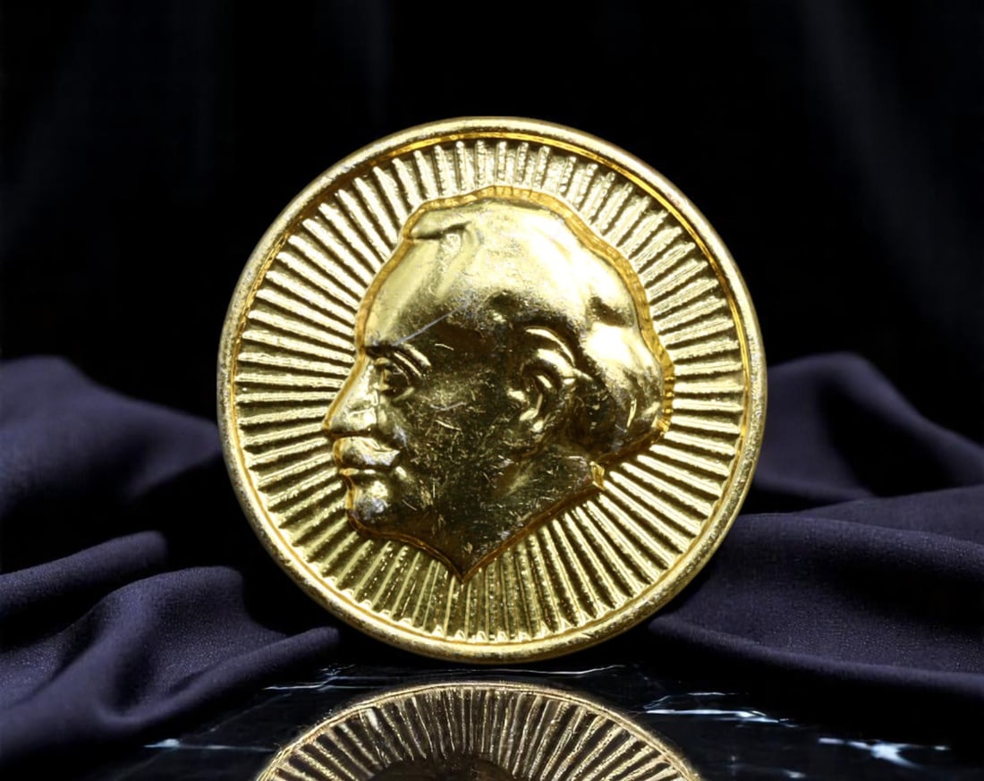 USSR: Radiant Leader - Lenin Sunburst Commemorative Badge, circa 1970s, 19mm: A bold statement of Soviet reverence, this 19mm gilt badge features the powerful profile of Vladimir Lenin, dramatically encircled by radiant sunburst lines emanating from his image. The design symbol