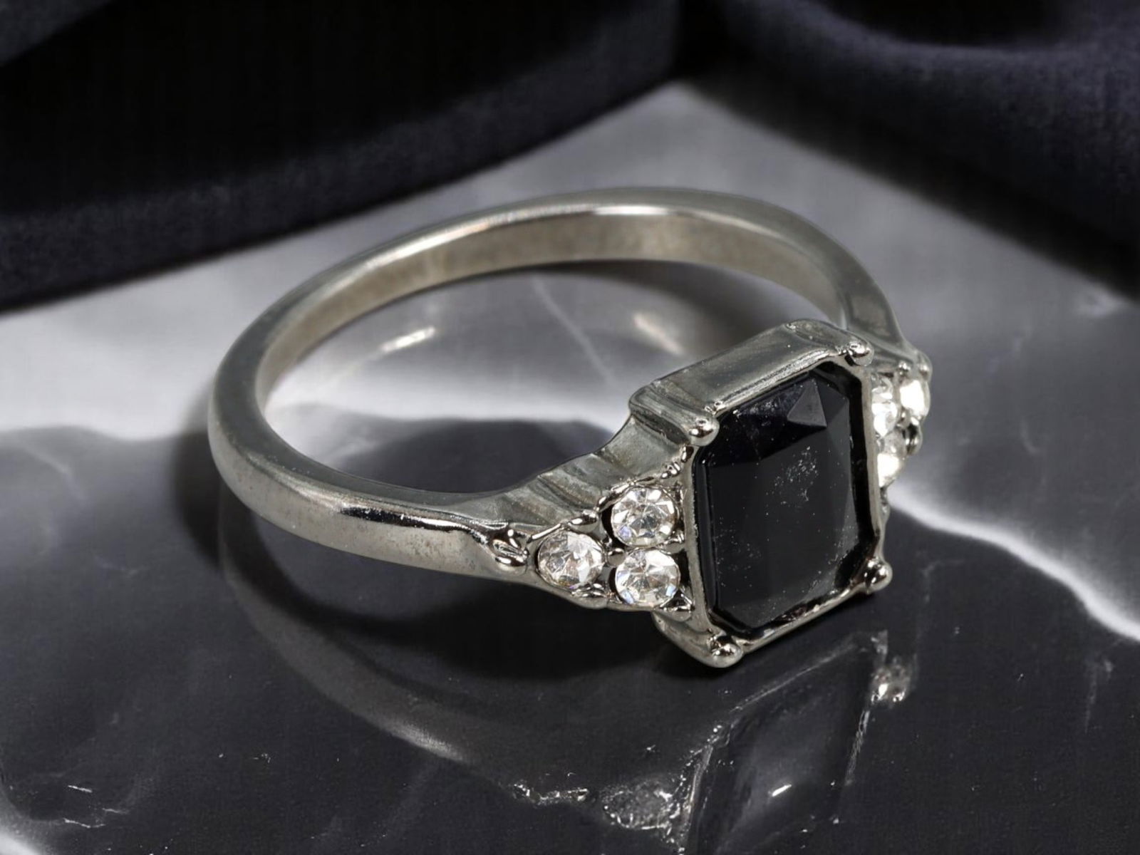 Silvertone Ring - Emerald-Cut Black Center Stone with Clear Side Accents, US 9 (1 of 2)
