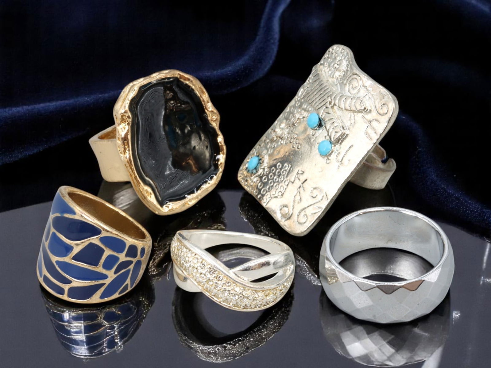 Bold Statement & Artisan Ring Lot - Silvertone, Goldtone & Enamel Finishes (5 pcs, US 6-9) (1 of 1)