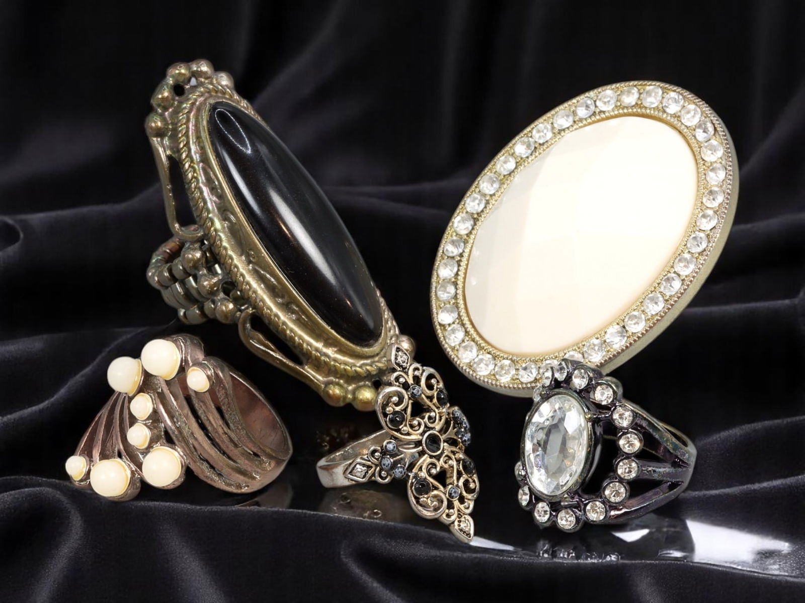 Ring Lot - 5 pcs, Statement Cabochon, Crystal & Sculptural Motifs, Mixed Tones, Sizes 6 - 10 US (1 of 1)