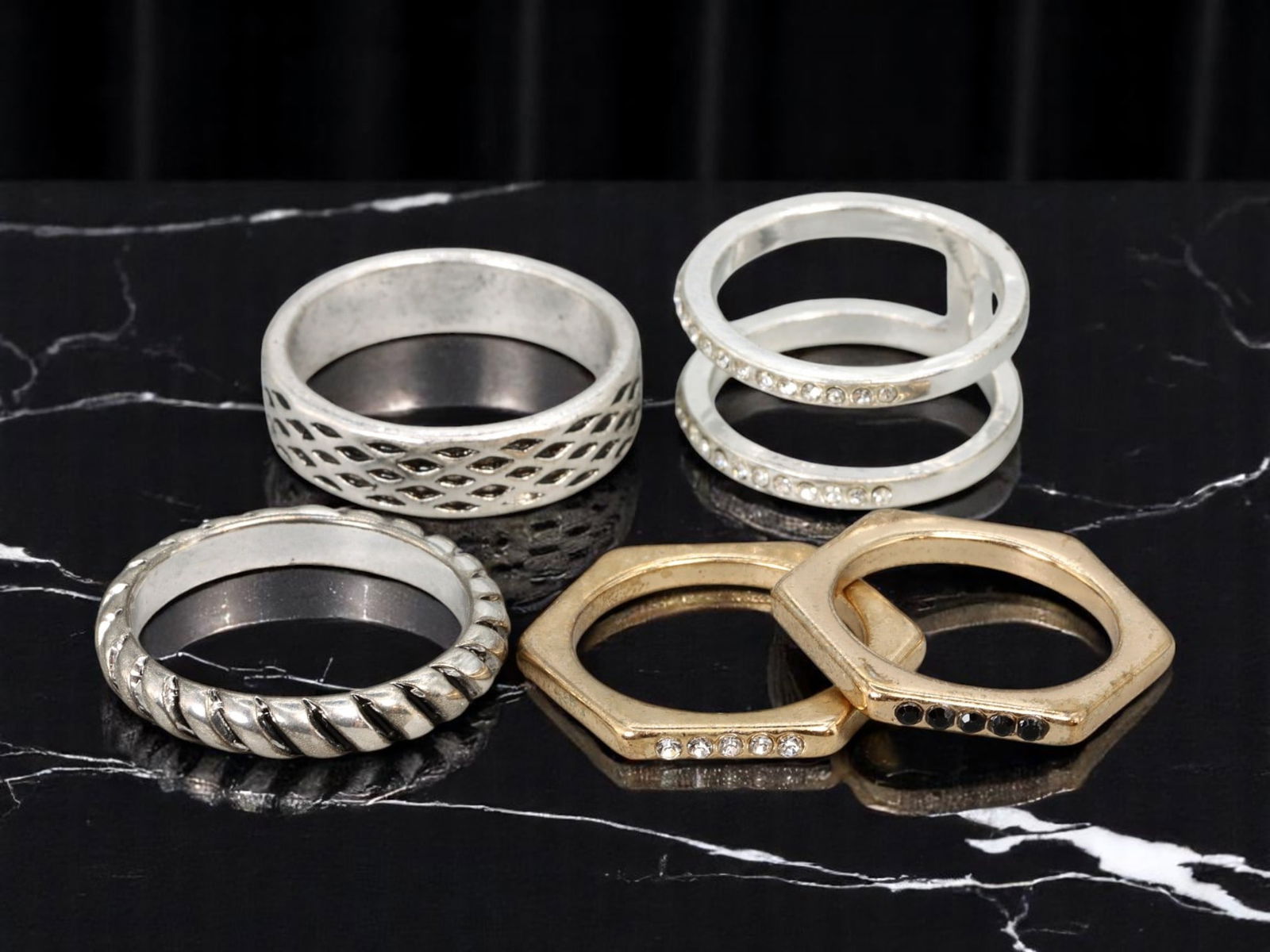 Ring Lot - 5 pcs, Sculptural Band Styles, Geometric & Textured, Mixed Tones, Sizes 8 - 12 US (1 of 1)