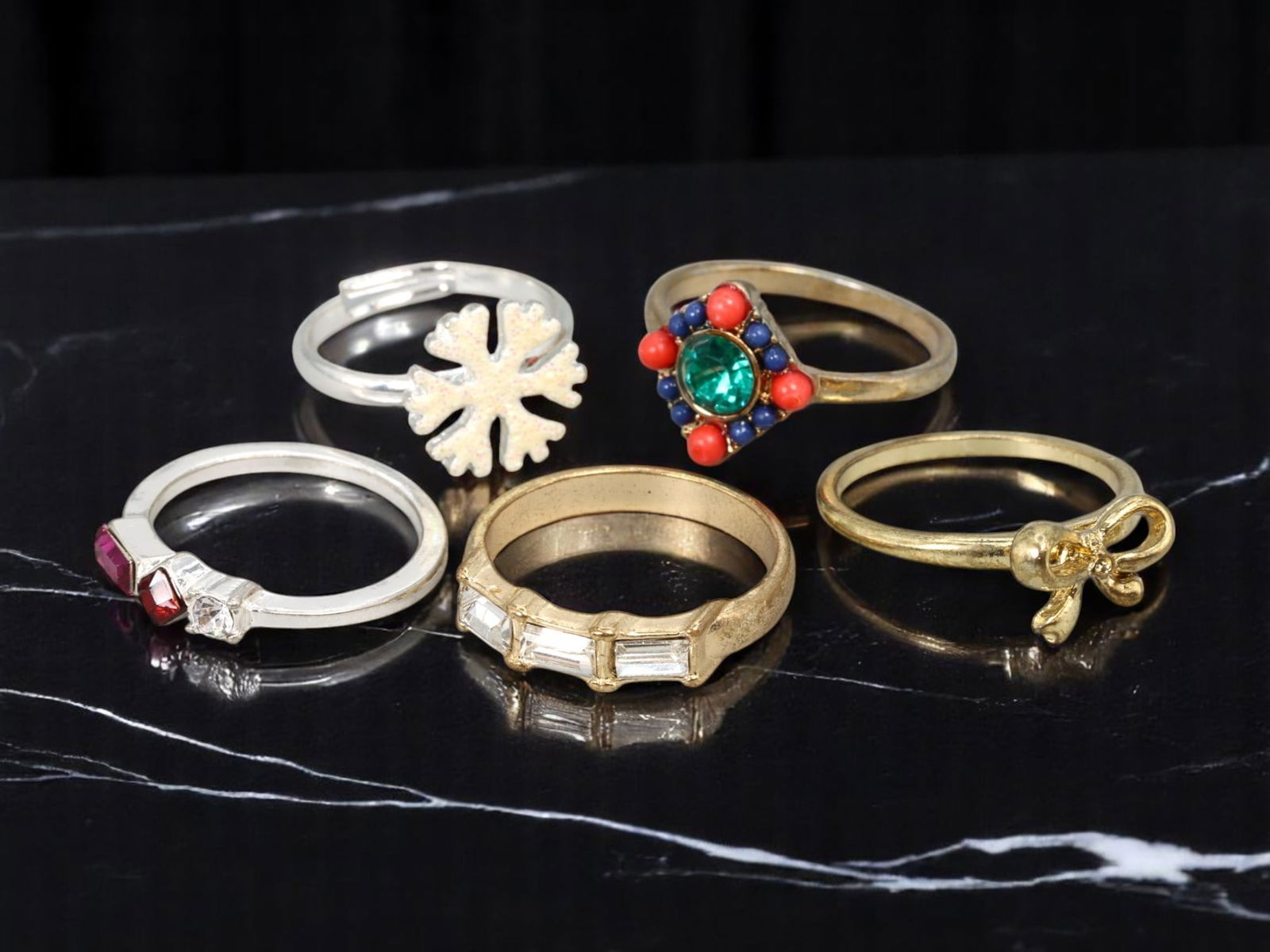 Ring Lot - 5 pcs, Snowflake, Ribbon, Art Deco-Inspired & Colorful Motifs, Mixed Tones Sizes 6 - 8 US (1 of 1)