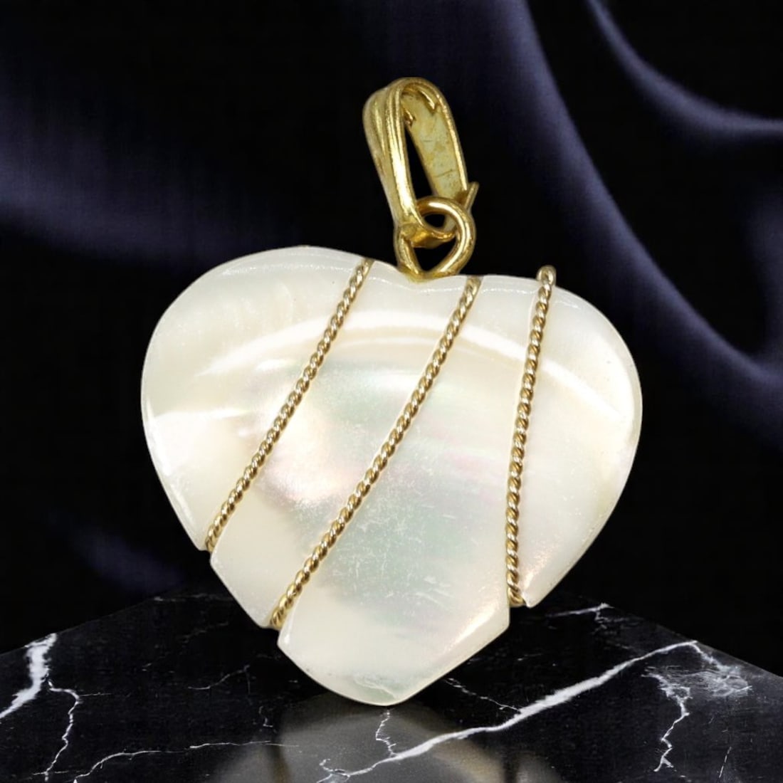 Pendant - Carved Shell Heart with Twisted Goldtone Wire Wrap, 2 cm (1 of 2)