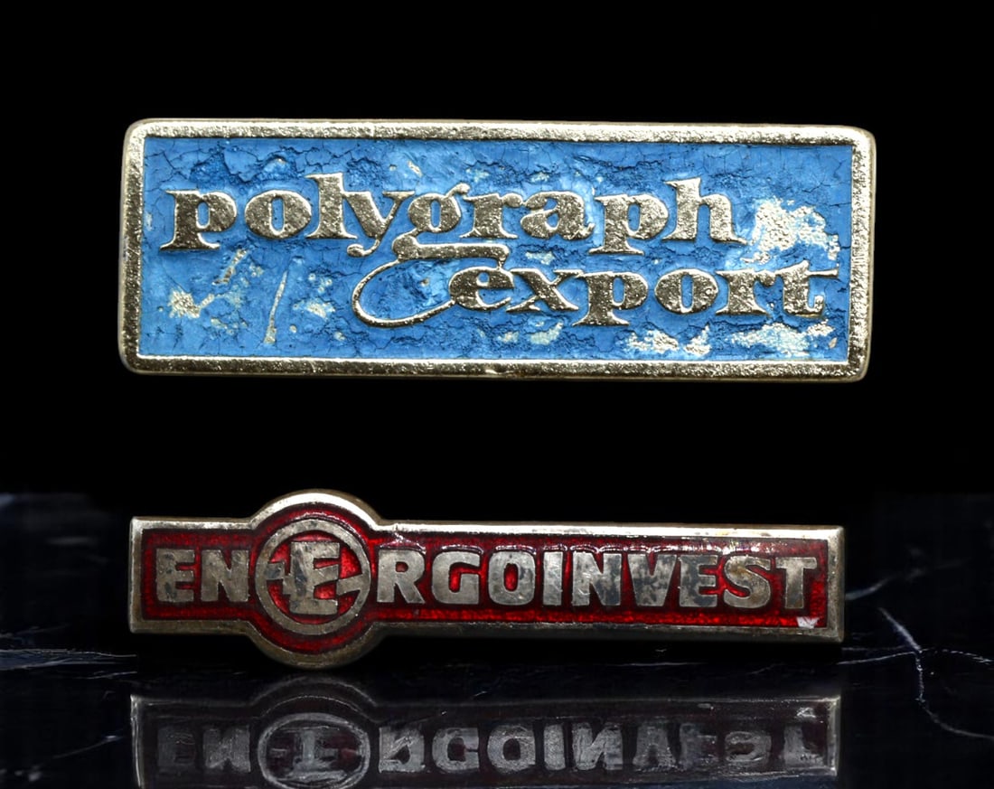 USSR: Industrial Trade Legacy - Polygraphexport & EnergoInvest Commercial Pins, circa 1970s, 32mm (1 of 2)