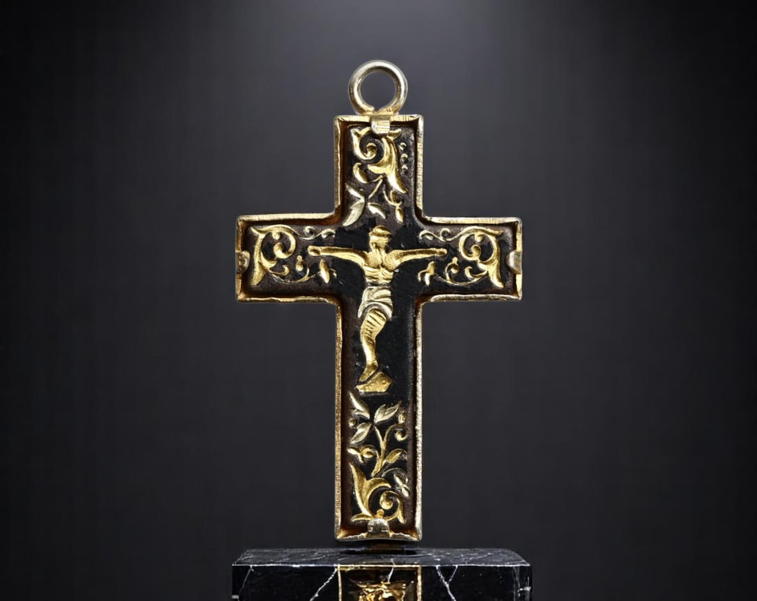 EUROPE: Sacred Devotion - Gilded Crucifixion Pendant with Baroque Scrollwork, c.20th Century, 31mm: Radiating both spiritual gravity and ornamental beauty, this 20th-century European crucifix pendant integrates devotional symbolism with Baroque-inspired craftsmanship. The front is richly detailed, s