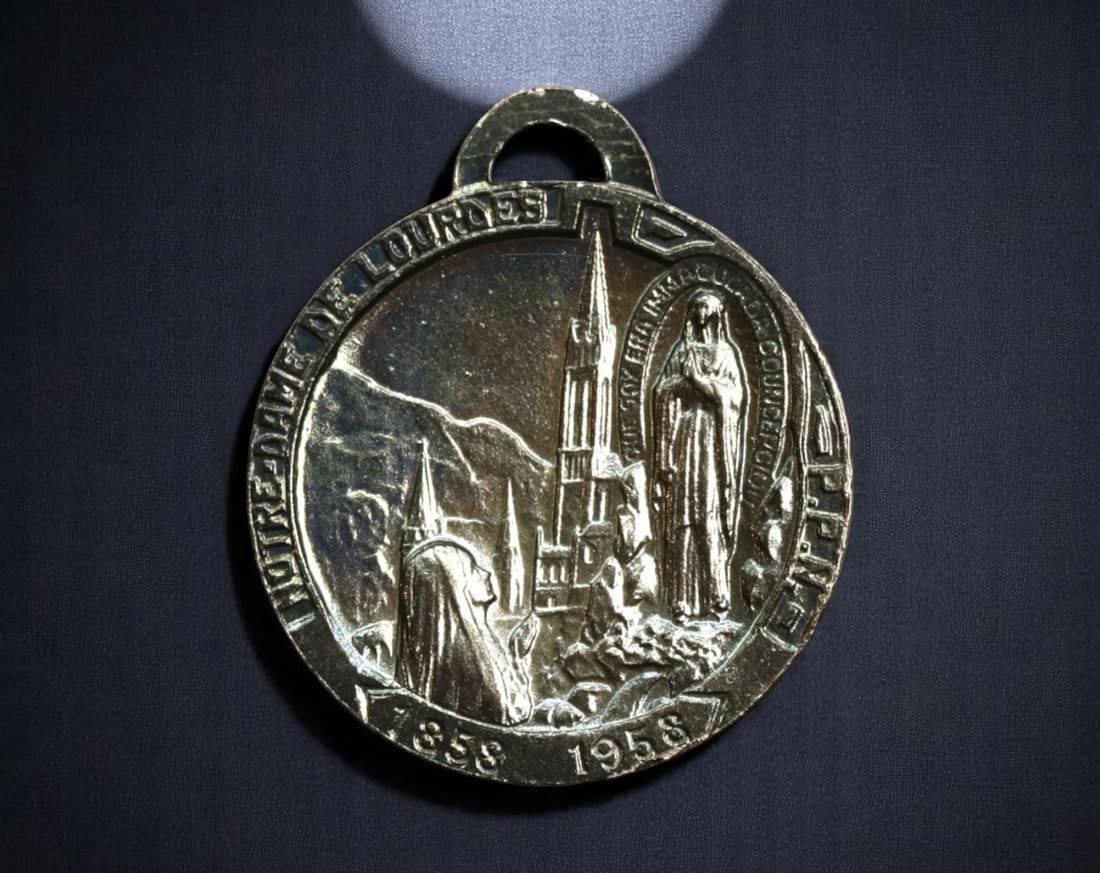 FRANCE: Marian Apparition - Lourdes Centenary Devotional Medal Coin, 1958, 22mm: Issued in 1958 to commemorate the centennial of one of the most influential Marian apparitions in Catholic history, this medal honors the miraculous events at Lourdes. One side features the Basilica o
